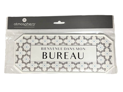 Packaged decorative office sign with patterned design and text 'BIENVENUE DANS MON BUREAU' by Atmosphera.