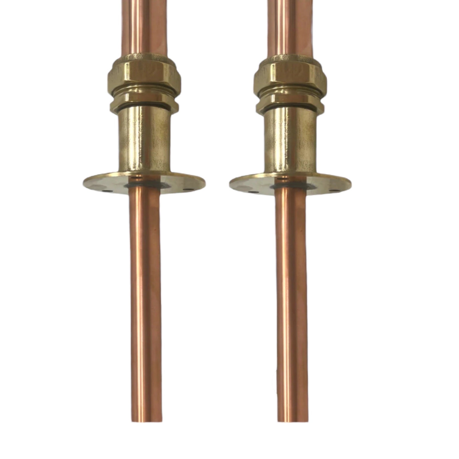 Two copper pipes with brass fittings on a white background