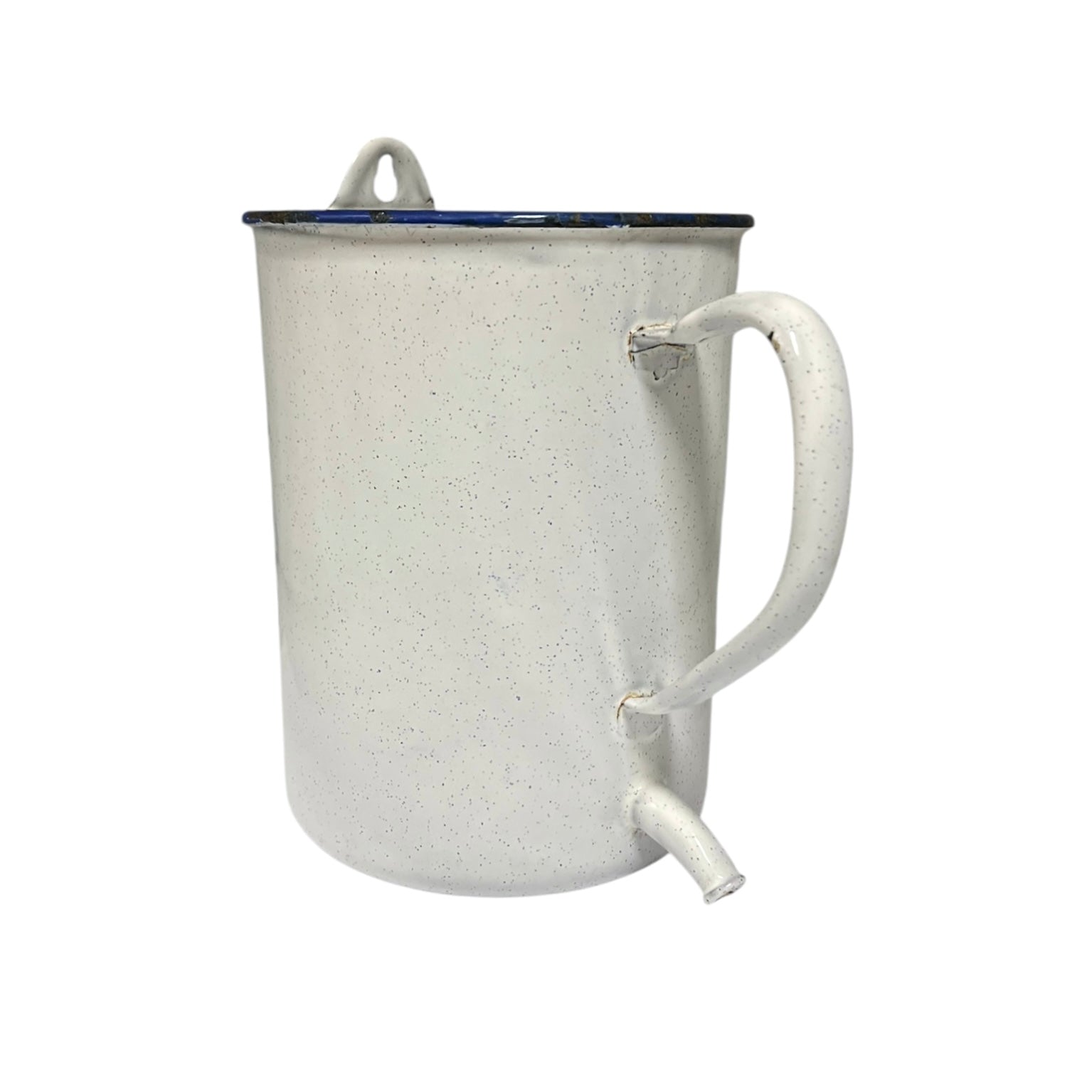 White speckled enamel planter with a blue rim on a white background