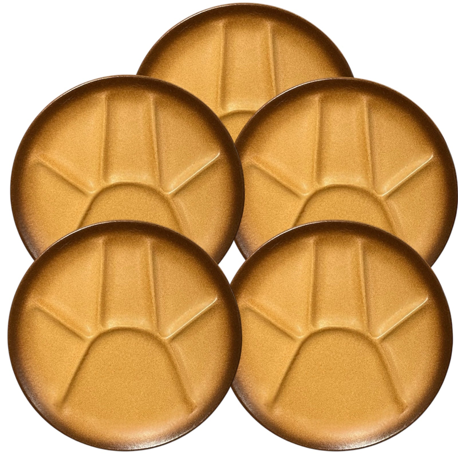 Set of brown-coloured plates with divided sections and textured surface on a white background
