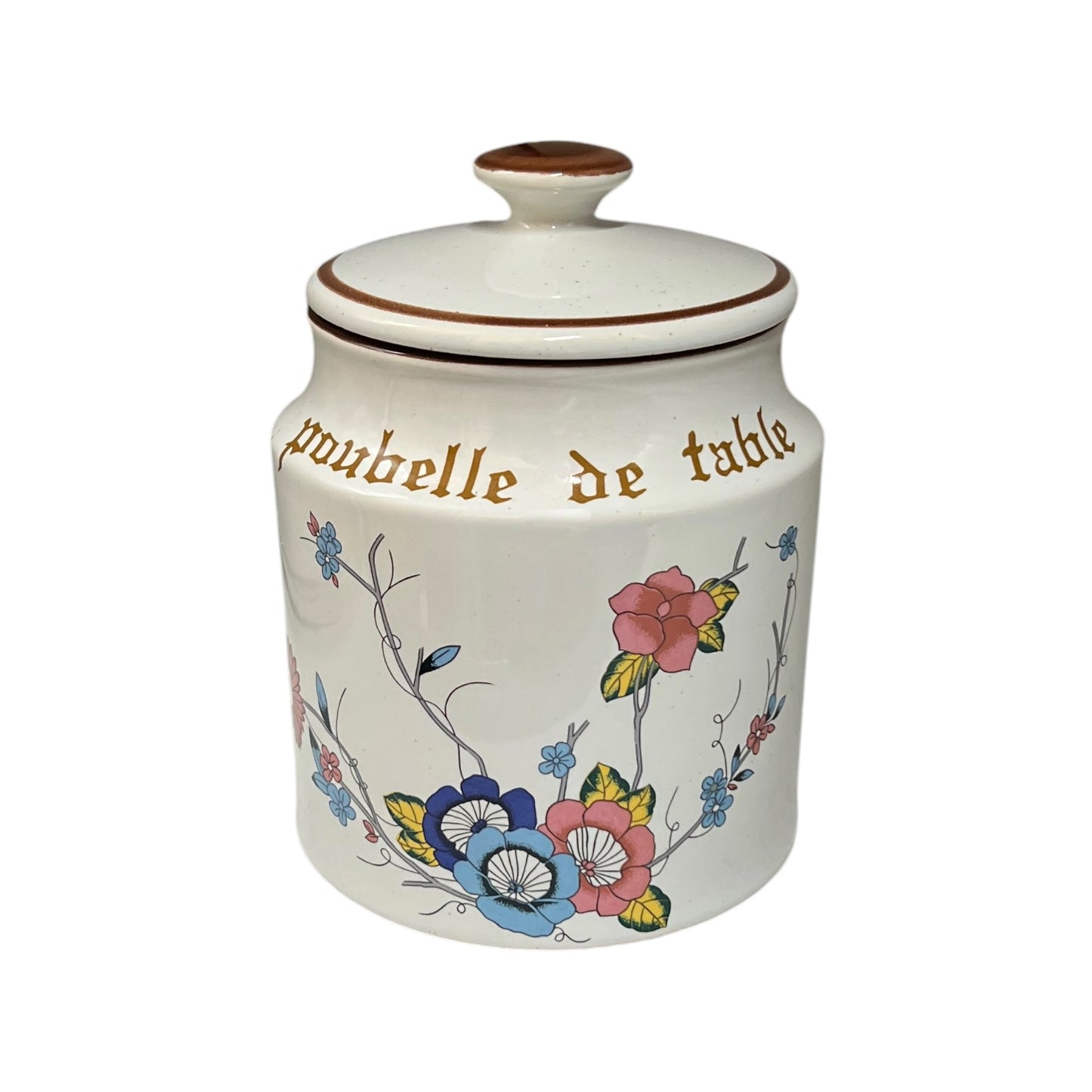 Decorative kitchen canister with floral designs, a lid and text Poubelle de Table on a white background