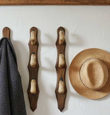 Wooden wall hooks with a straw hat and gray coat on a white wall.