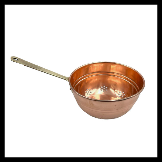 French copper colander with a single brass handle on a white background for sale by All Things French Store