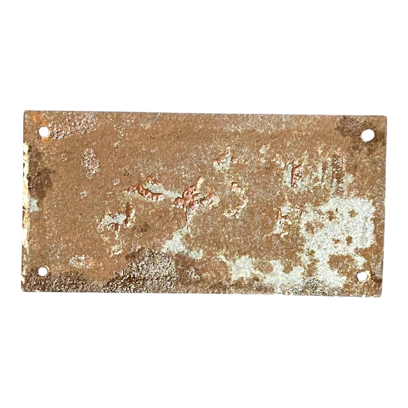 Rust-colored metal plate with a textured surface on a white background