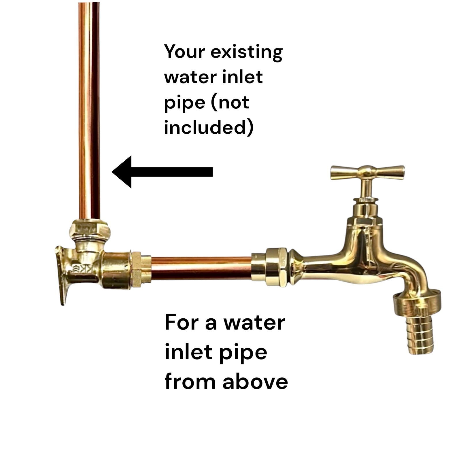 A brass garden water faucet with a cross handle and hose bib, shown with copper pipe and black instructional text reading 'Your existing water inlet pipe (not included)' and 'For a water inlet pipe from above' on a white background.
