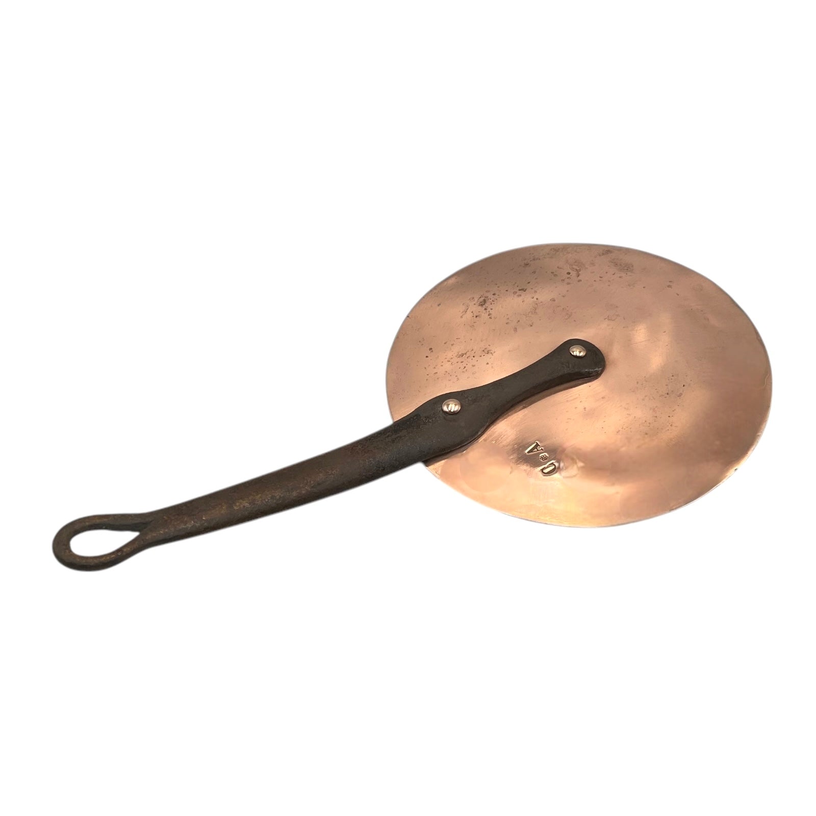 Antique Universal Fit Flat Copper Pan Lid with a cast iron handle and copper rivets