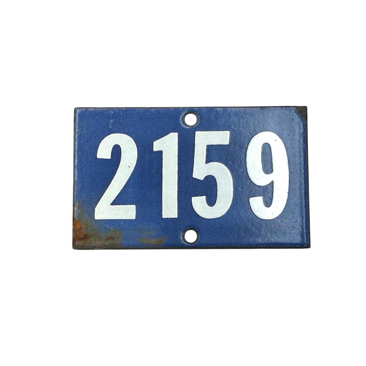 A rectangular vintage-style blue metal house number plaque with the white numerals '2159' and two mounting holes, shown on a plain white background.