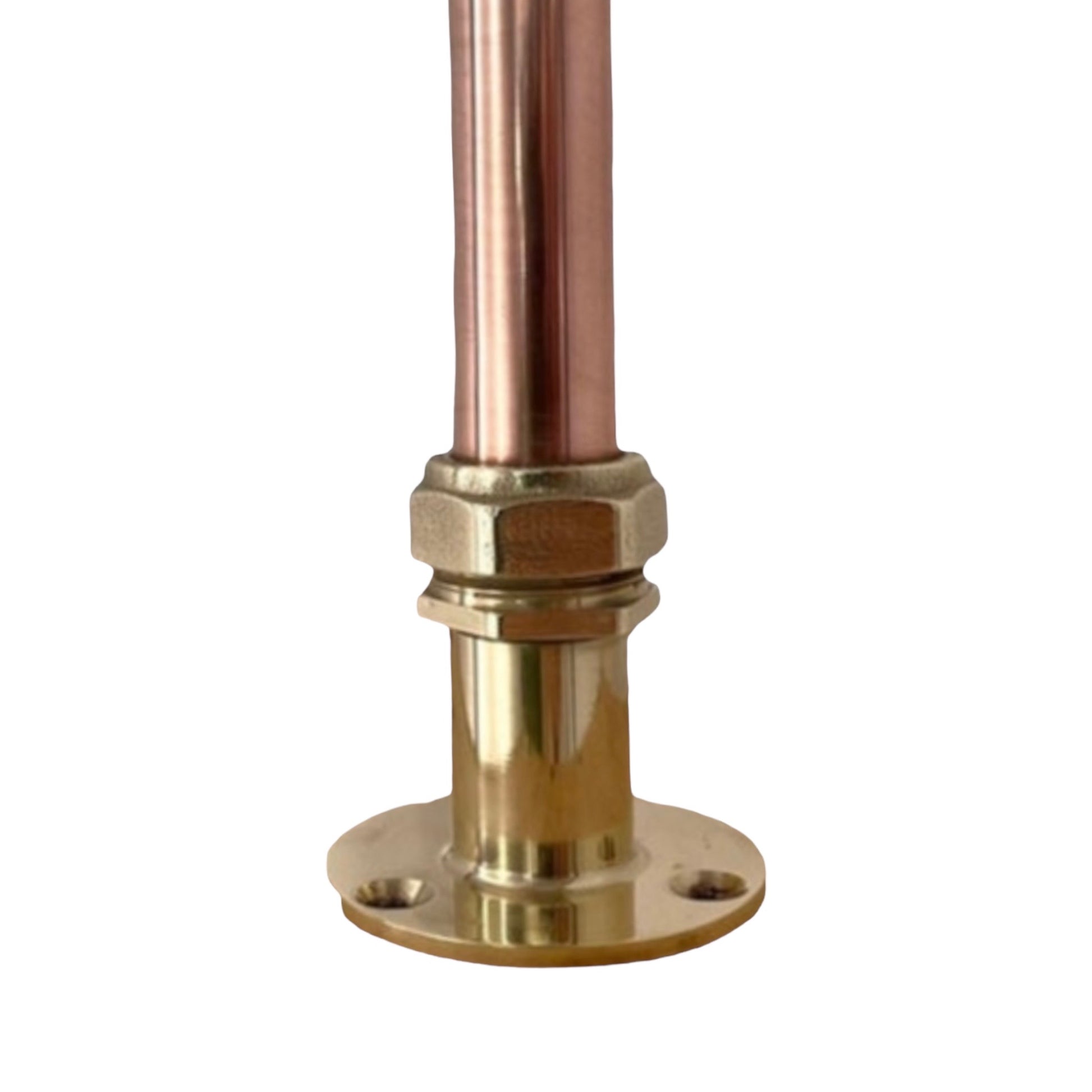 brass fitting plate attached to a copper pipe on a white background 