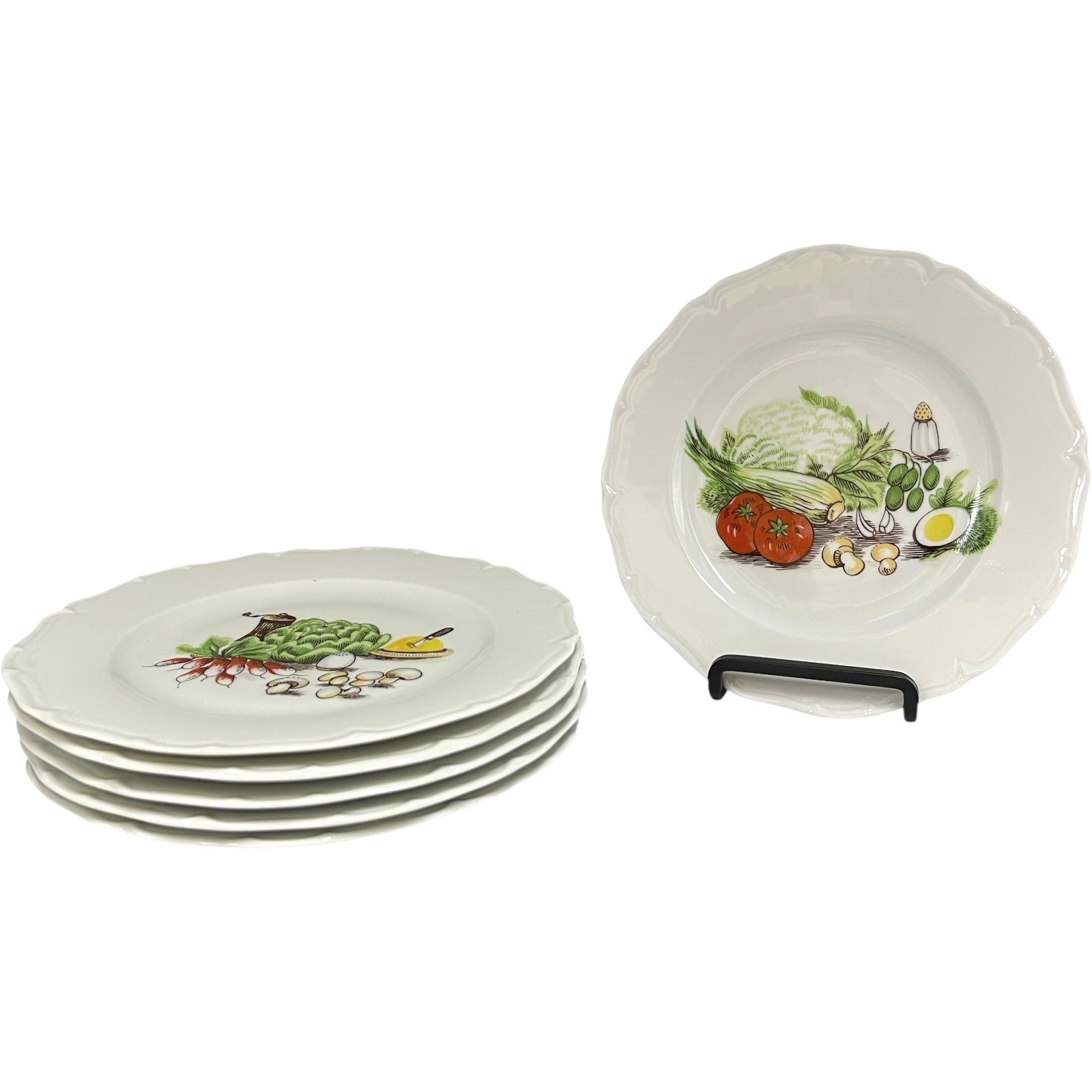Set of six porcelain plates with decorative salad vegetable illustrations on a white background