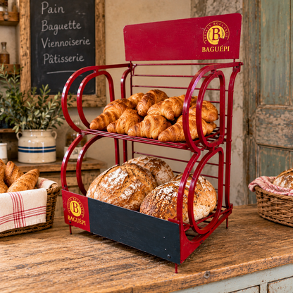A red metal bakery bread display rack with two tiers, filled with croissants and round artisanal bread loaves, set on a rustic wooden counter in a bakery interior.