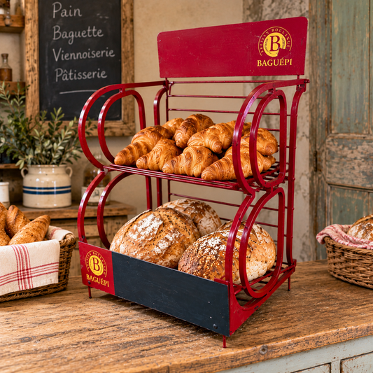 A red metal bakery bread display rack with two tiers, filled with croissants and round artisanal bread loaves, set on a rustic wooden counter in a bakery interior.