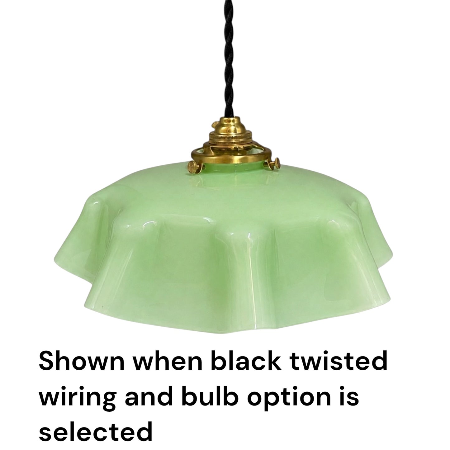 pale green milk glass lampshade with detailed text on a white background