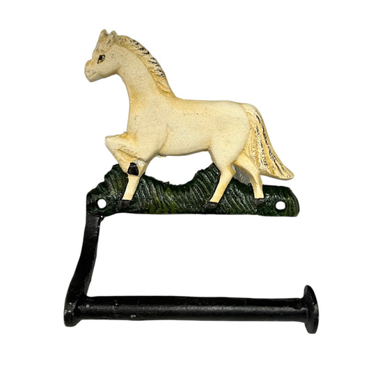 Decorative toilet paper holder with a horse design on a white background