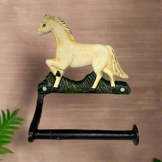 Decorative horse-shaped wall mounted toiler paper holder on a textured background