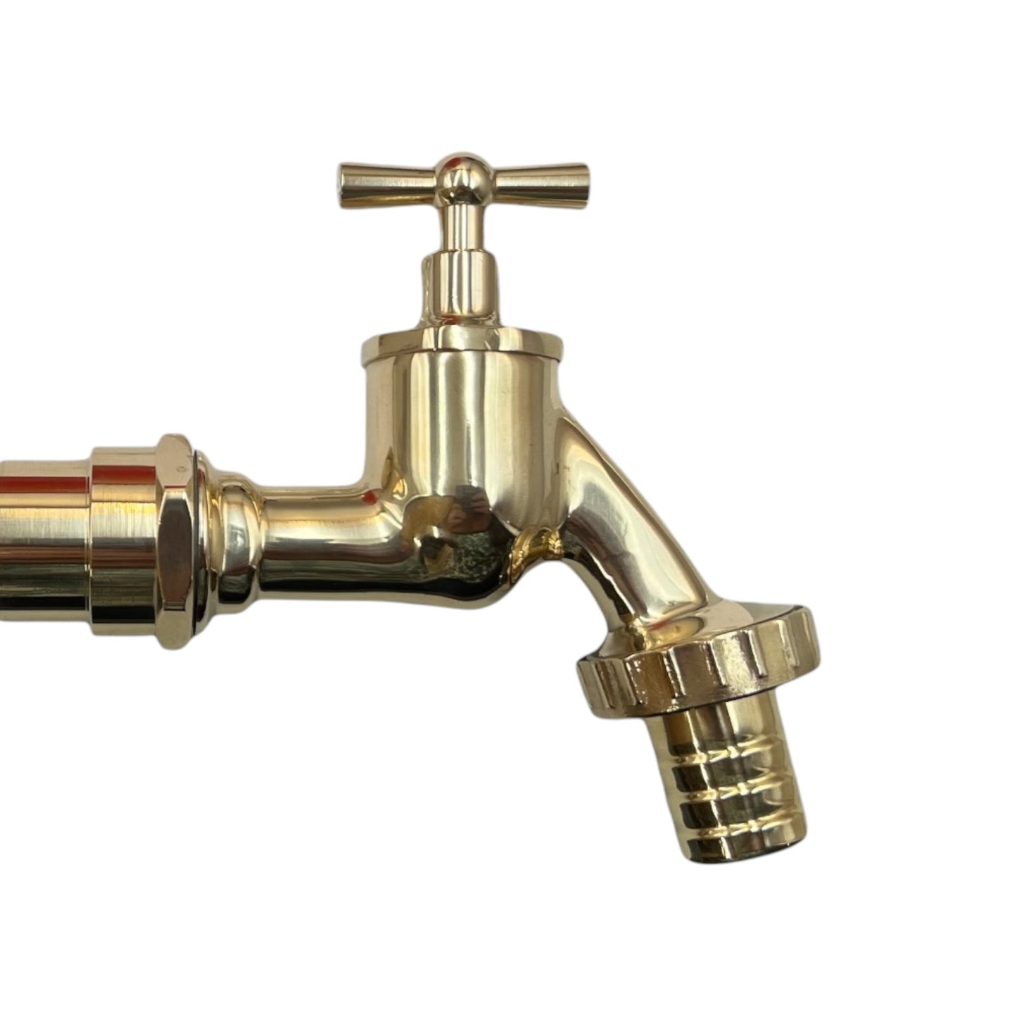 A polished brass water faucet with a cross-handle valve and a threaded adapter fitting, shown against a plain white background.