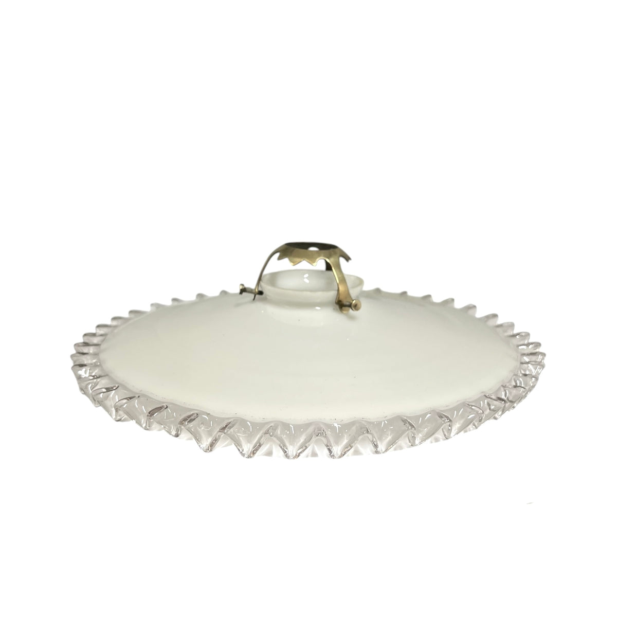 Vintage French Opaline Milk Glass Pendant Pie Crust Lampshade with Brass Collar
