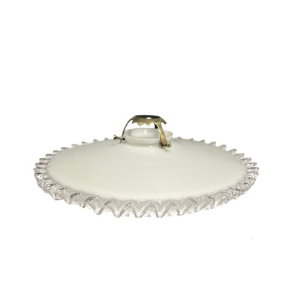 Vintage French Opaline Milk Glass Pendant Pie Crust Lampshade with Brass Collar