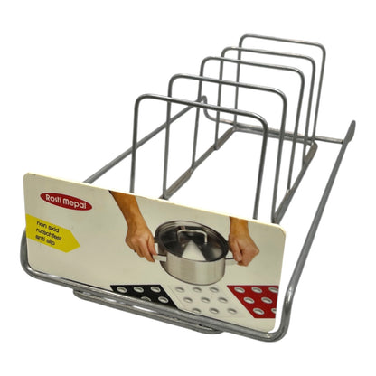 Metal pot holder rack with a product card on a white background