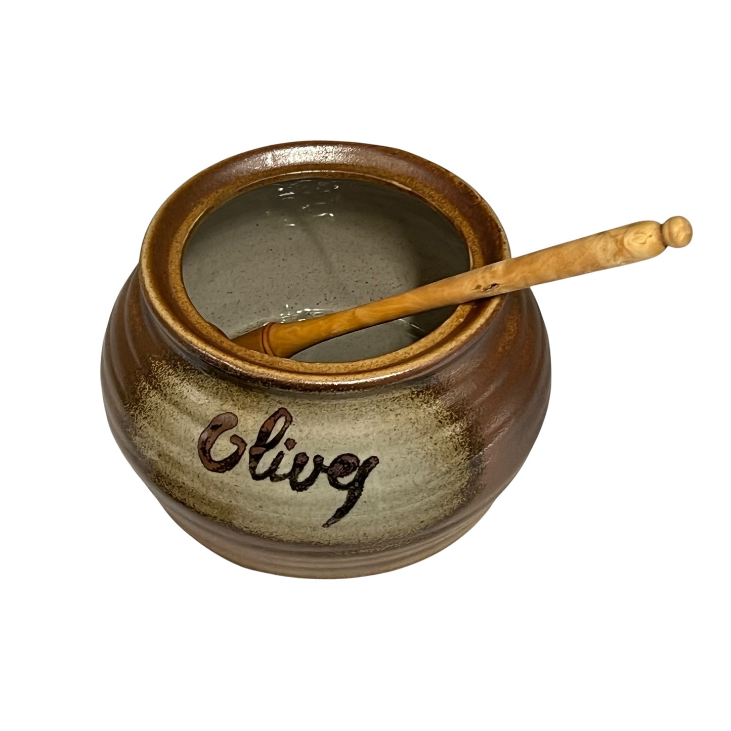 Close-up of a ceramic container with 'Olive' engraved on it, on a white background.