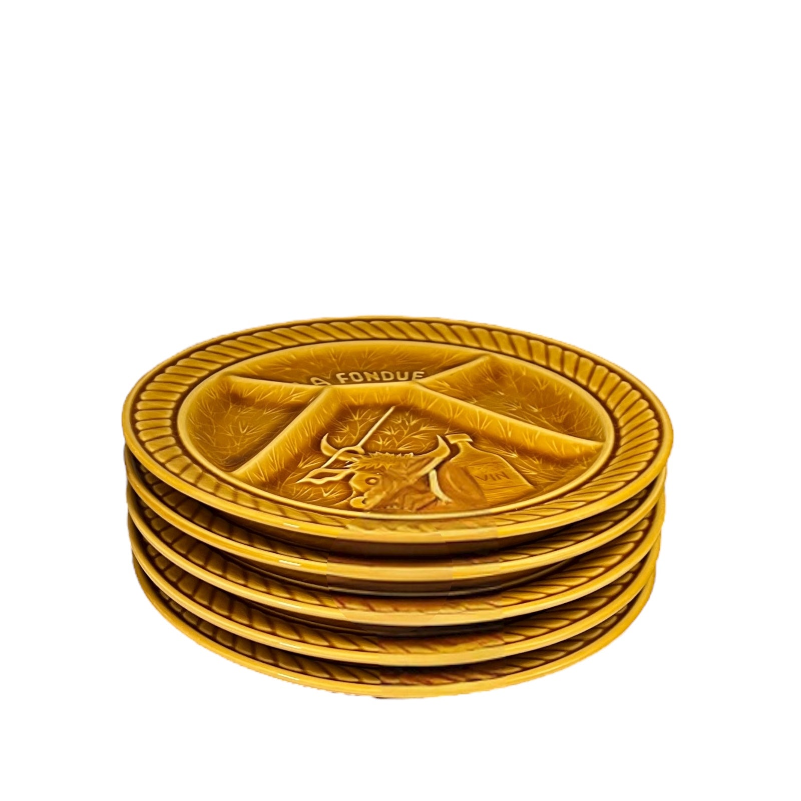 stack of fondue plates with 'La Fondue' branding on a white background