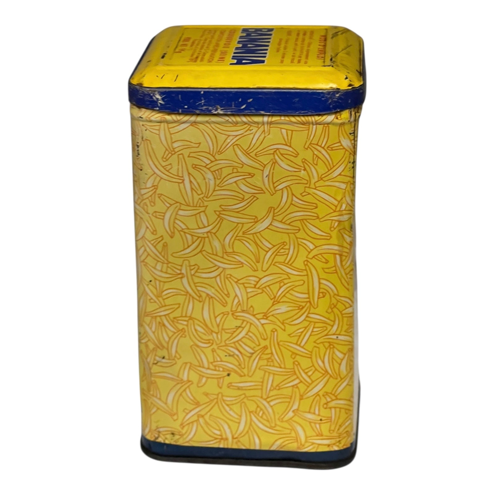 Yellow tin can with banana pattern on a white background