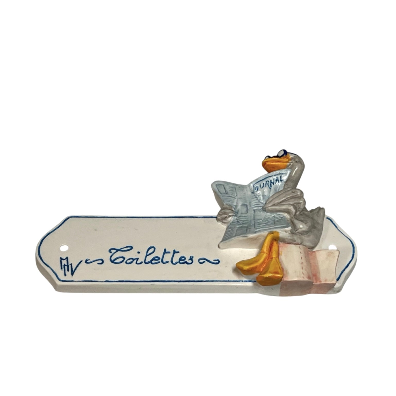 Decorative novelty door sign for a toilet labelled in French as Toilettes, with a goose reading a newspaper  decoration on a white background