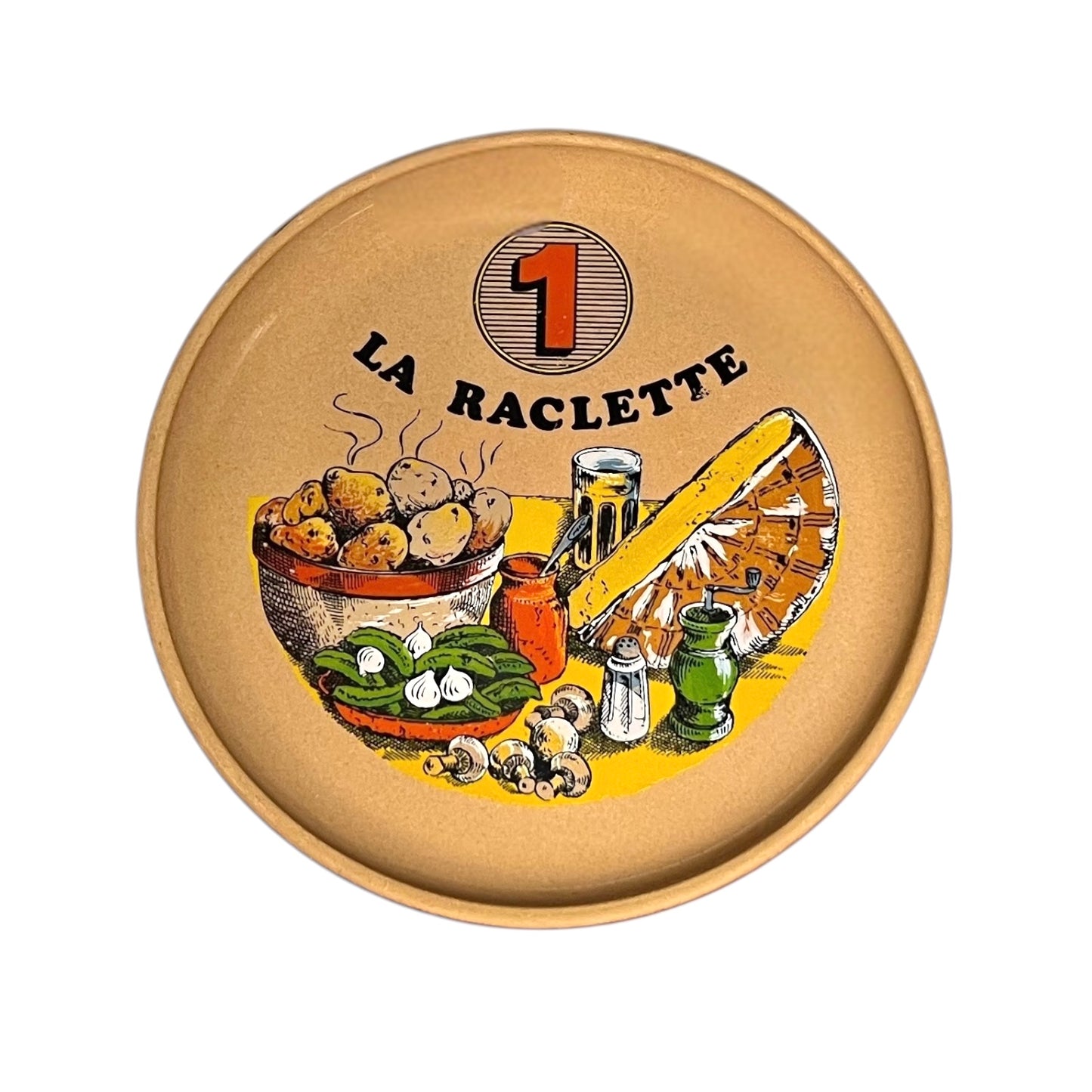 Plate with 'La Raclette' branding, the number 1 and illustrations on a white background