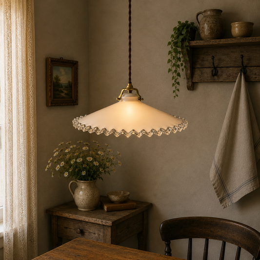 Vintage-style pendant light in a cozy room with wooden furniture and decor.