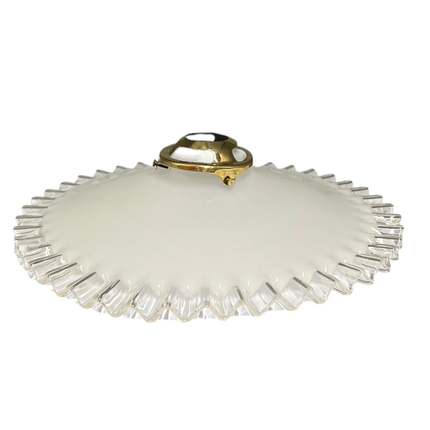 A vintage-style ceiling light fixture shade made of textured, fluted clear glass with a central brass metal cap, shown against a plain white background.