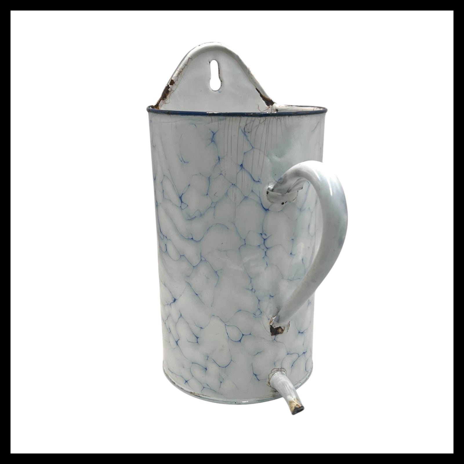 Vintage French Enamel Kitchen Jug or Garden Plant Pot in a  Shabby Chic style. Blue and white with a handle and spout