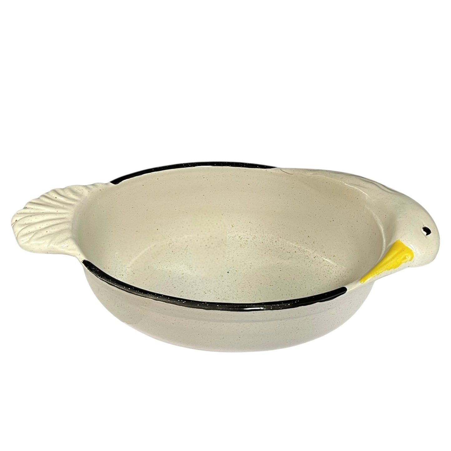 White ceramic bowl with black rim and a goose head decoration on a white background