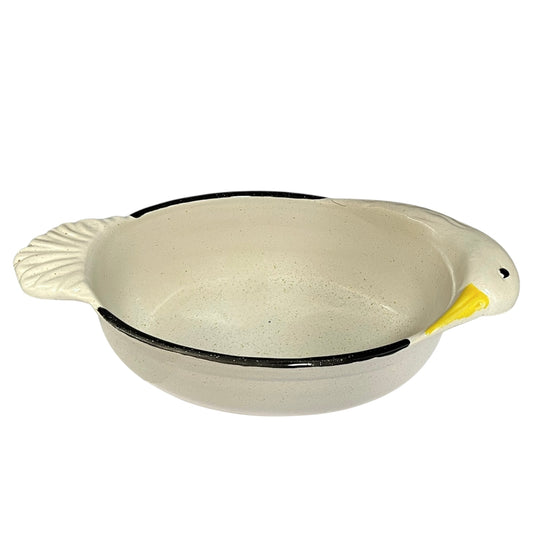 White ceramic bowl with black rim and a goose head decoration on a white background
