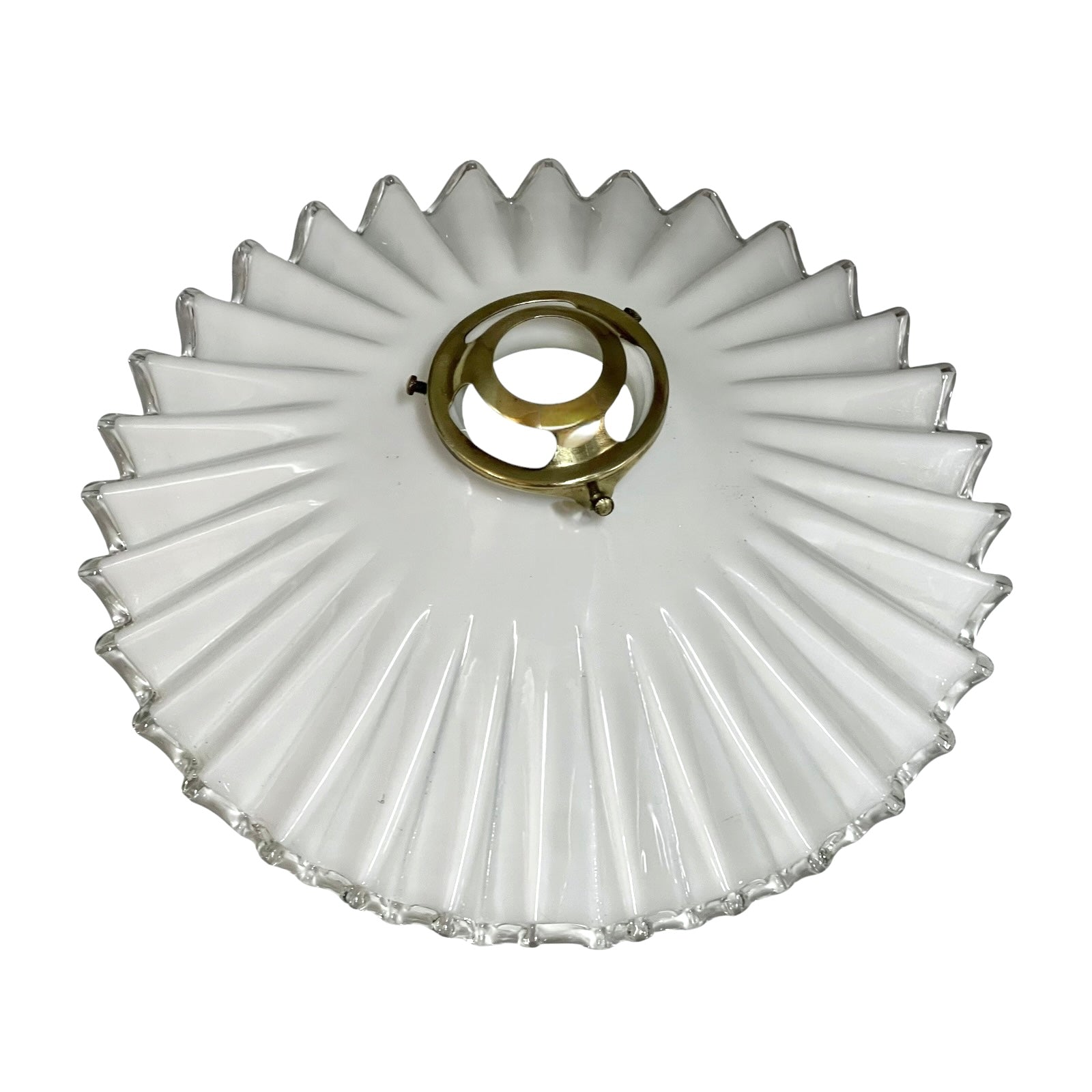 White scalloped-edge glass lampshade with brass fitting on a white background, for a period living room styling or vintage home decor 