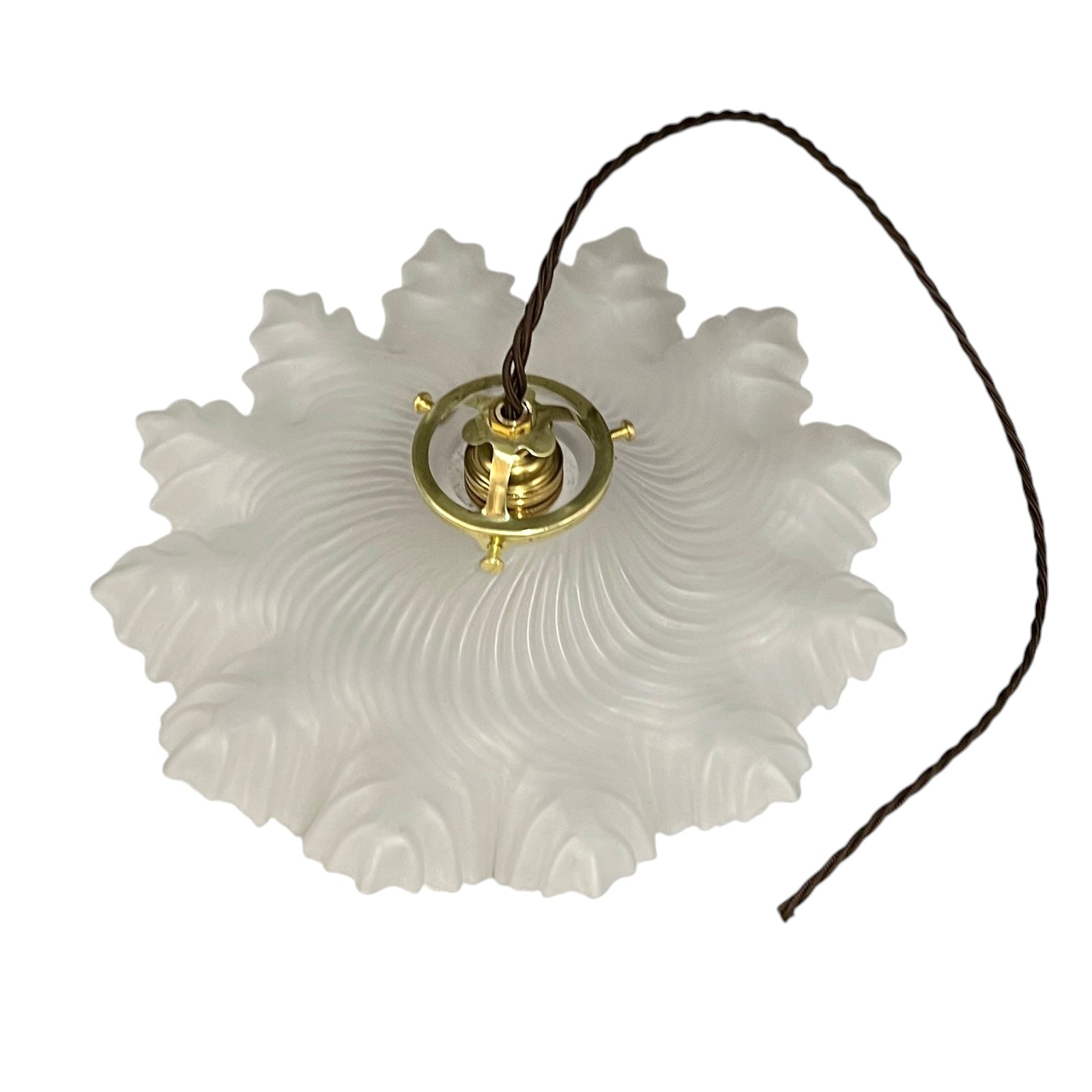 A French vintage Art Deco-style lampshade made of clear frosted glass with a frilled edge, with twisted-style wiring and brass fittings, perfect for adding charm to a period room or retro home, displayed against a white background.