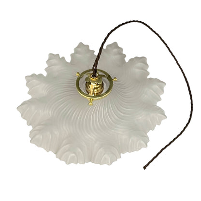 A French vintage Art Deco-style lampshade made of clear frosted glass with a frilled edge, with twisted-style wiring and brass fittings, perfect for adding charm to a period room or retro home, displayed against a white background.