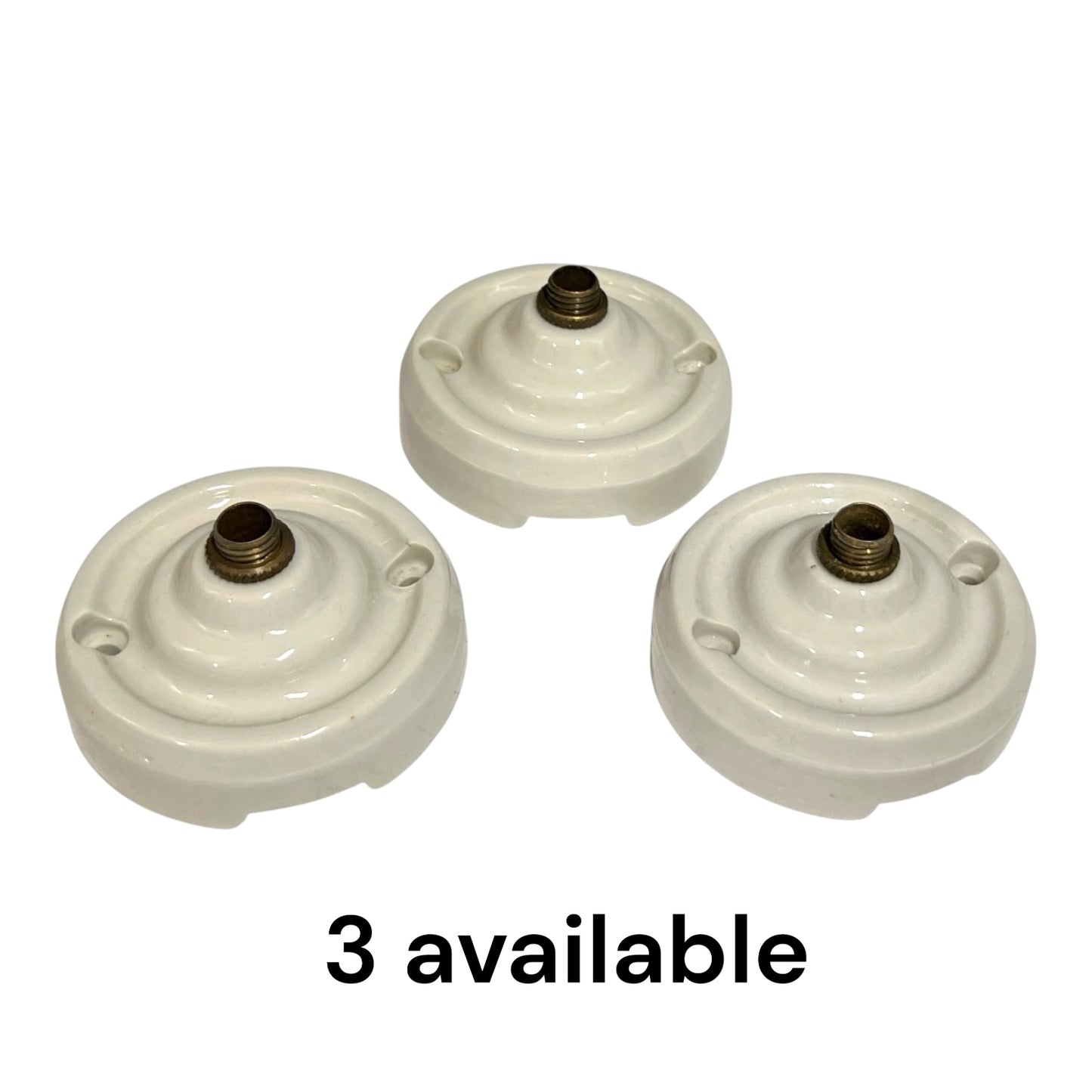 Three white ceramic ceiling light sockets arranged on a white background with the text '3 available' below them.