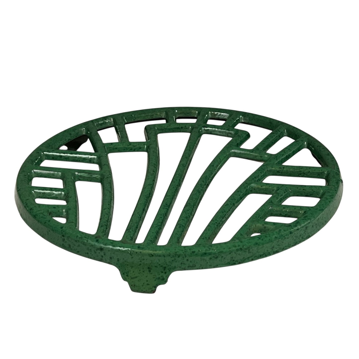 Green vintage French cast iron enamelled pan trivet on a white background