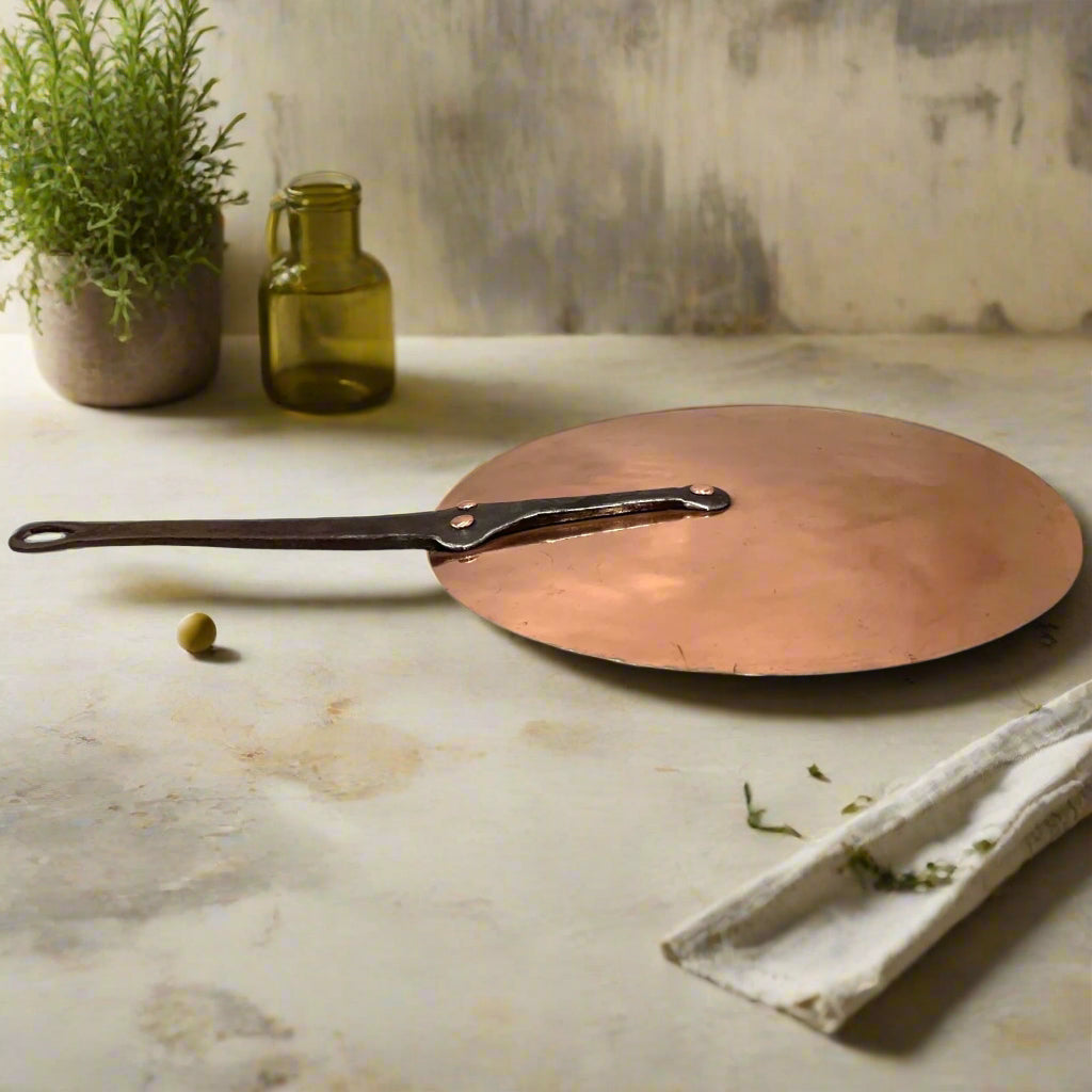 French Antique Flat Copper Pan Lid fits up to 29cm Pans with New Tin Lining and a cast iron handle with copper rivets