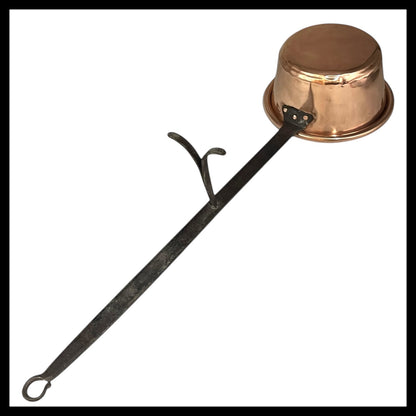 French Vintage Copper Hearth Pan Skillet, Traditional Fireplace Drip Pan with a long metal handle and the Villedieu makers stamp