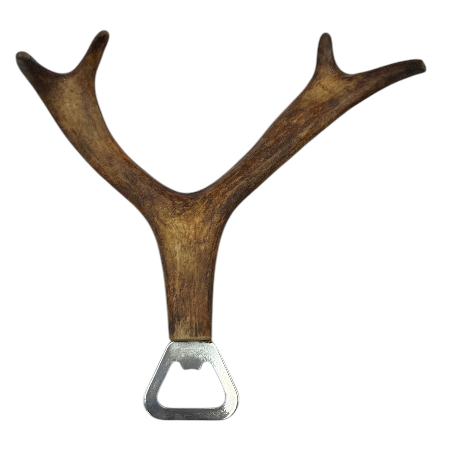 Wooden antler-shaped bottle opener on a white background