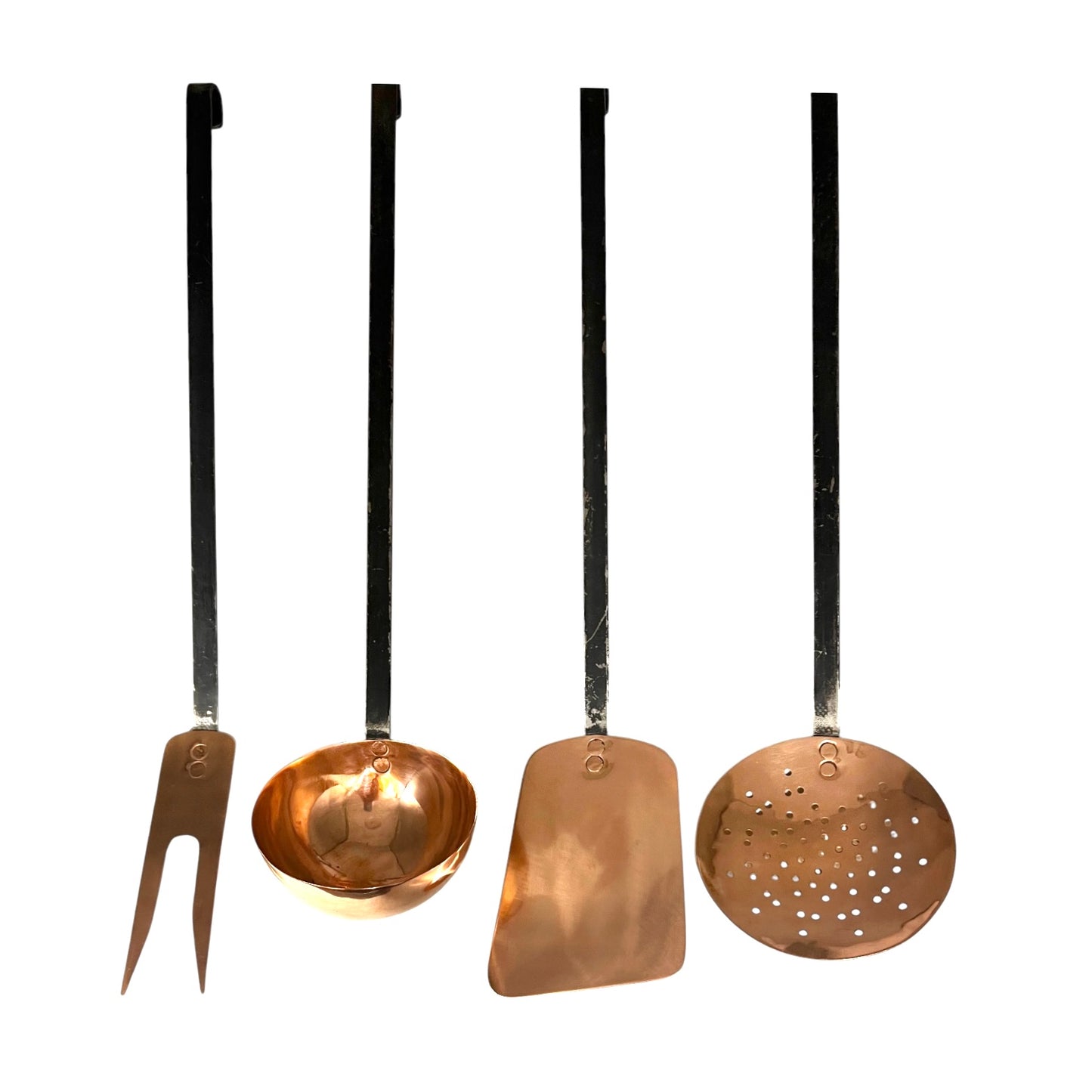 set of 4 French vintage copper kitchen utensils with long black steel handles 