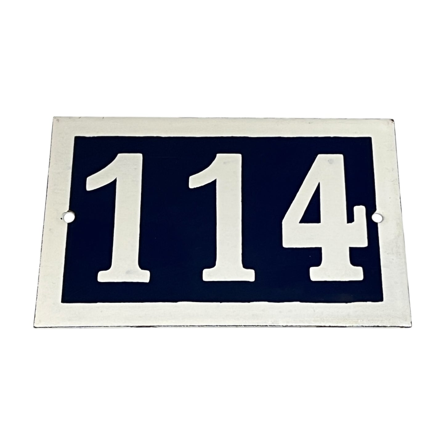 Navy blue rectangular sign with white numbers '114' on a white background