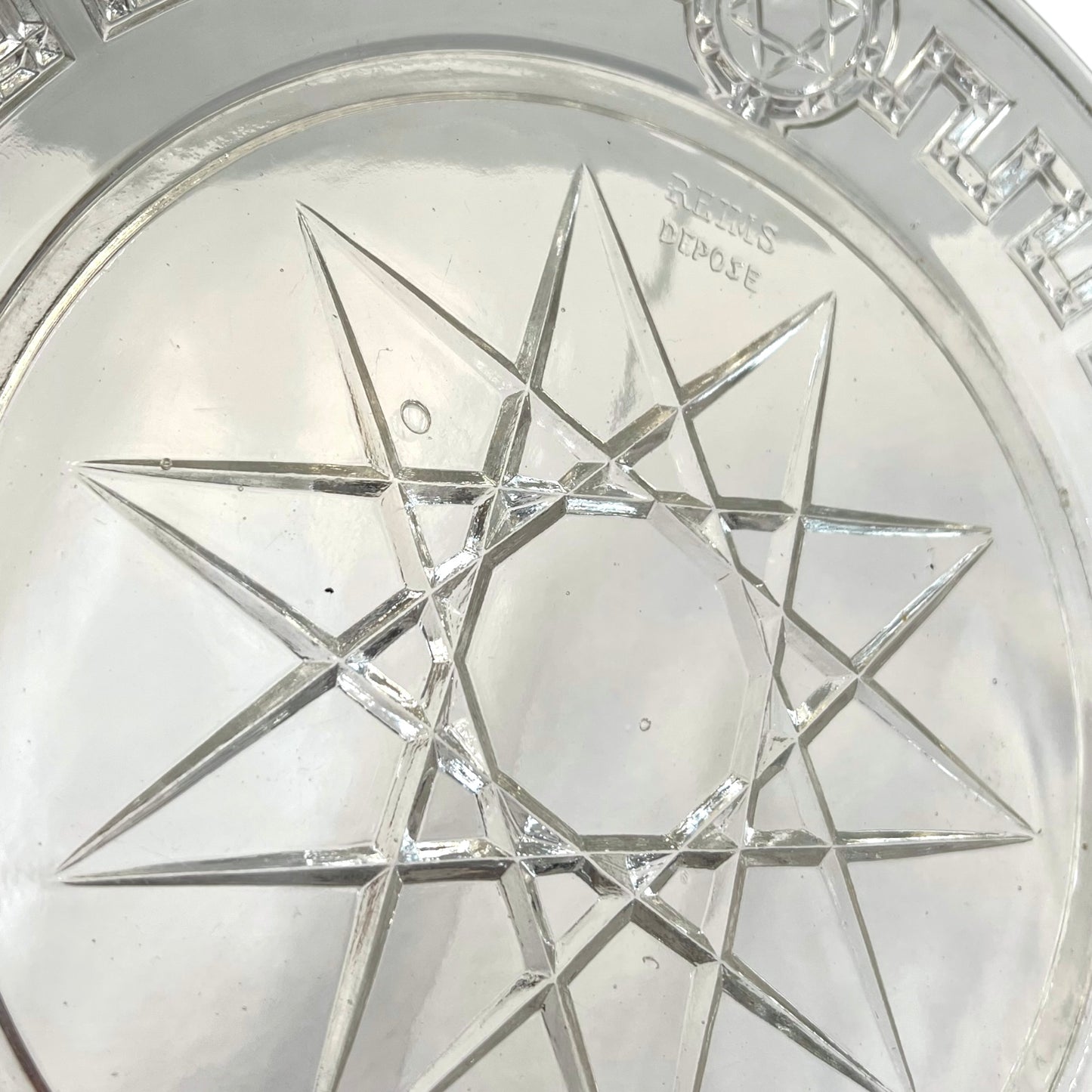 French Vintage Glass Cheese Dome Cloche and Matching Plate, Star of David Pattern