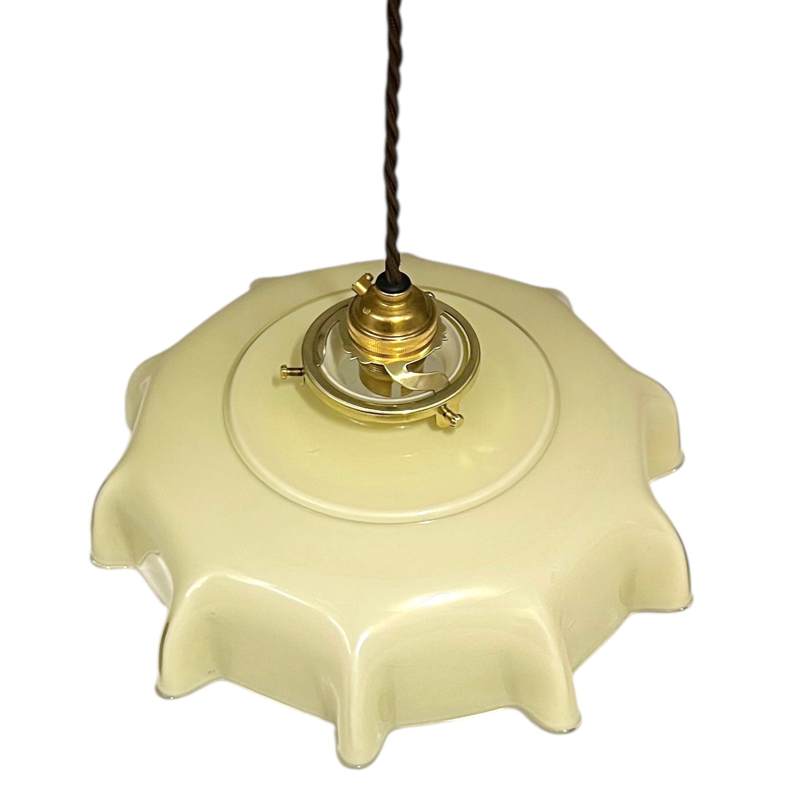 Vintage French milk glass pendant light with scalloped edge shade, brass gallery, and twisted brown fabric cord, rewired for UK use on a white background