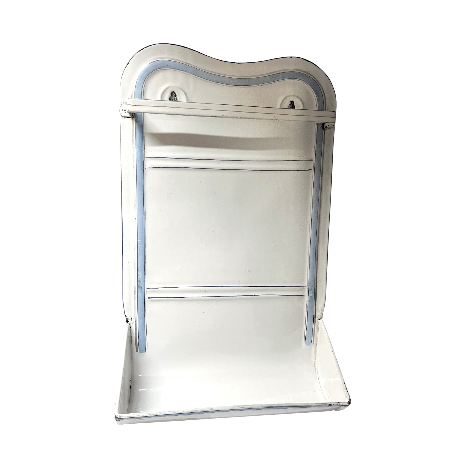 A vintage white metal wall-mounted shelf or coat rack with light blue painted trim, shown against a plain white background.
