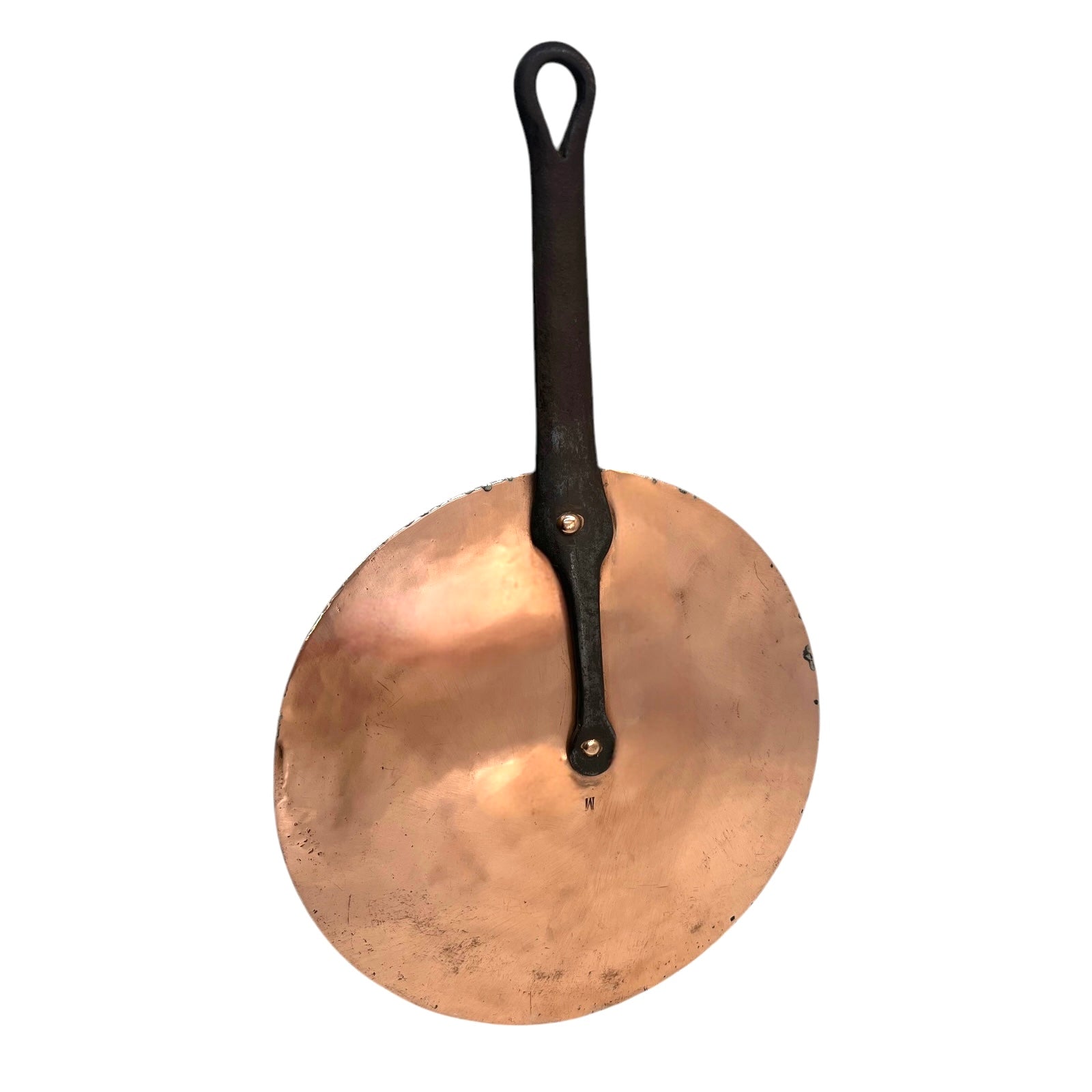 French antique copper pan lid with initial M and cast iron handle