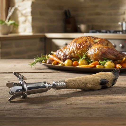Roasted turkey on a platter with vegetables, accompanied by a gigot on a wooden surface.