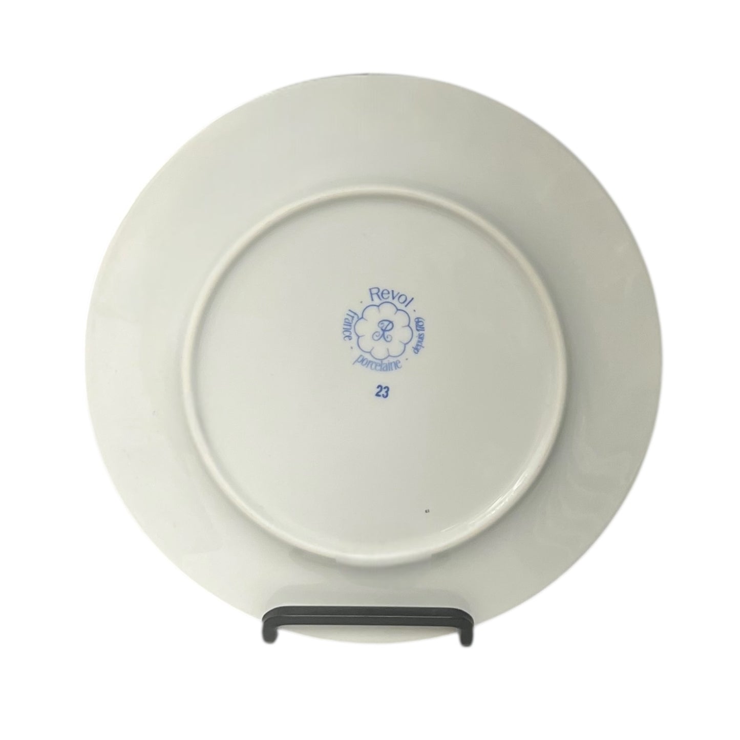 White ceramic plate with a visible brand logo on a white background