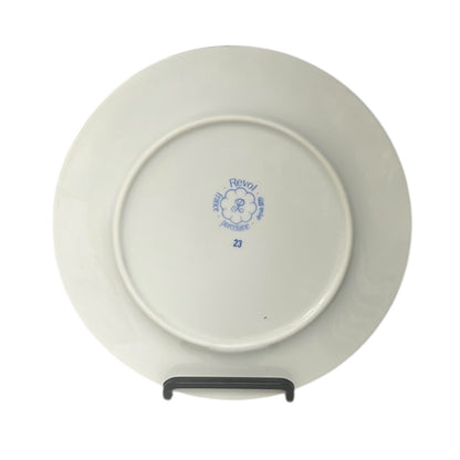 White ceramic plate with a visible brand logo on a white background