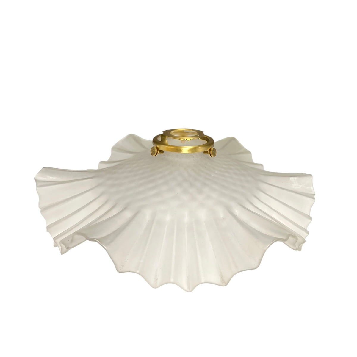 A vintage-style white ribbed glass ceiling light shade with a scalloped edge and a gold metal fixture at the top, shown against a plain white background.